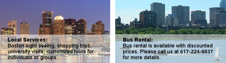 Boston local services, sightseeing, shopping, bus tours, university visits, bus rentals